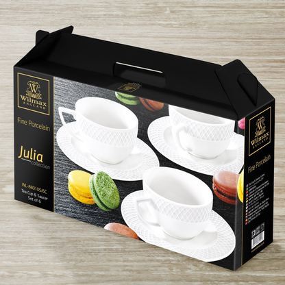 Wilmax White Porcelain Tea Cup & Saucer Set of 6
