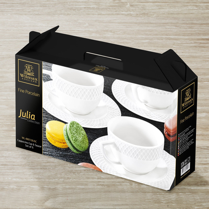 Wilmax White Porcelain Cappuccino Cup & Saucer Set of 6