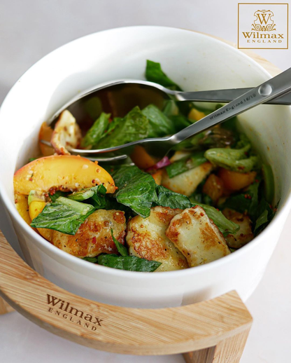 Wilmax Medium Porcelain Salad Bowl Set with Bamboo Stand