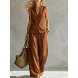 Women Solid Color Sleeveless Linen Vest and Pants Set
