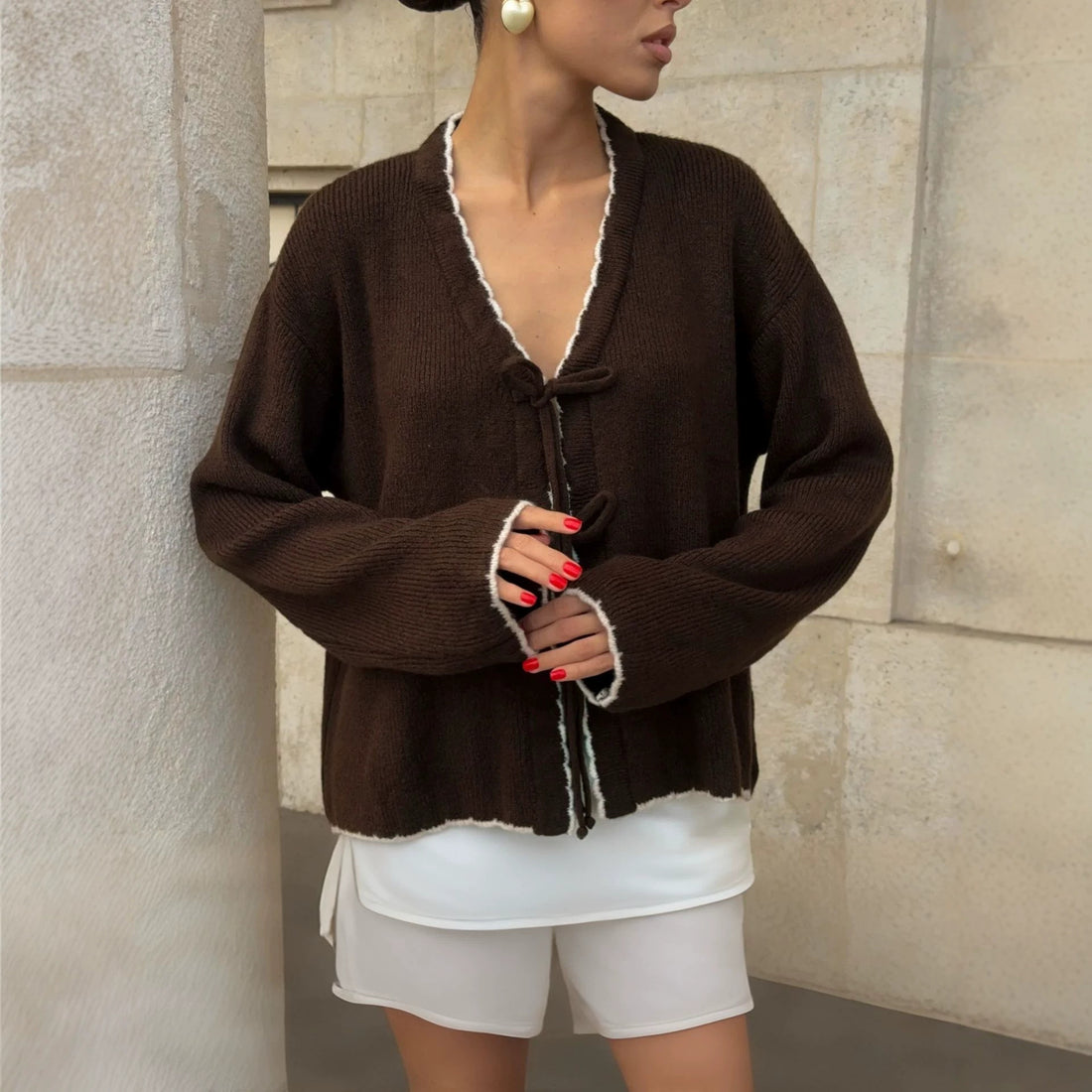 Color-block knit V-neck cardigan with front bow tie, photo 8