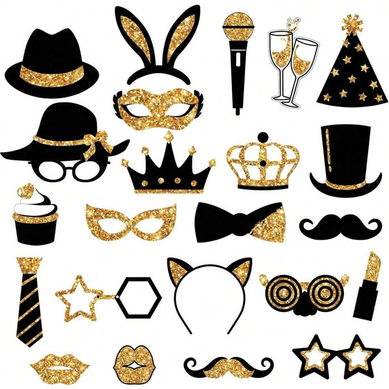 24-piece black and gold glitter photo booth props: hats, crowns, lips, ties, glasses