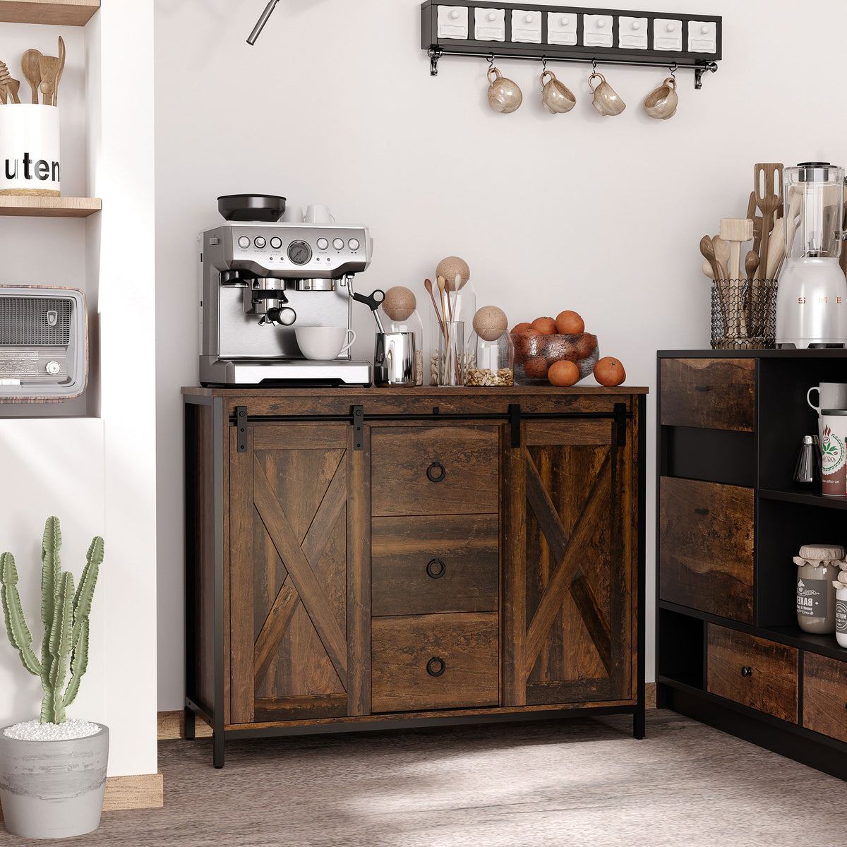 Buffet sideboard cabinet with barn doors closed, front view