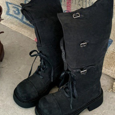 Belted platform riding boots