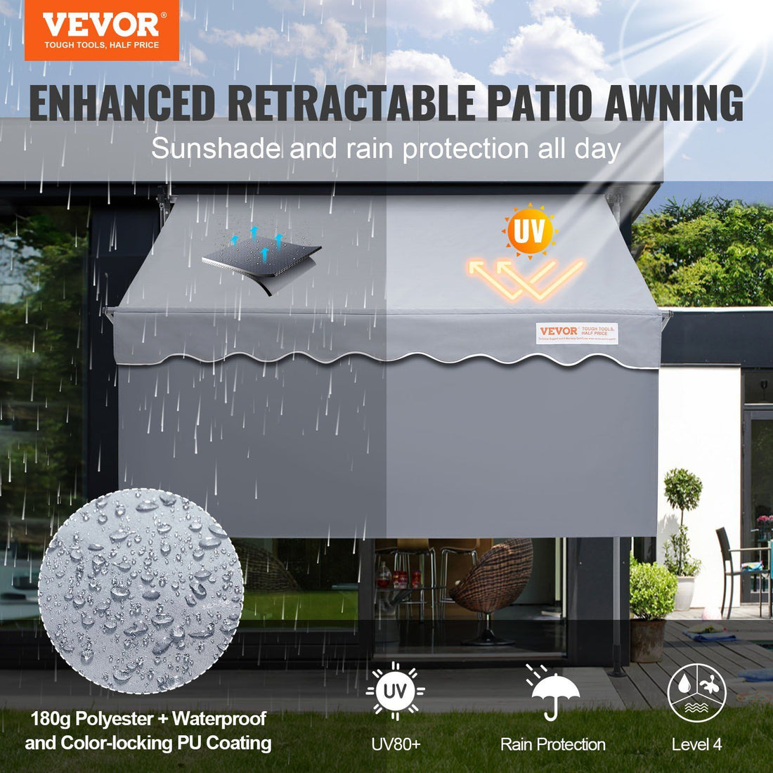 78-inch manual retractable window awning extended over a patio window