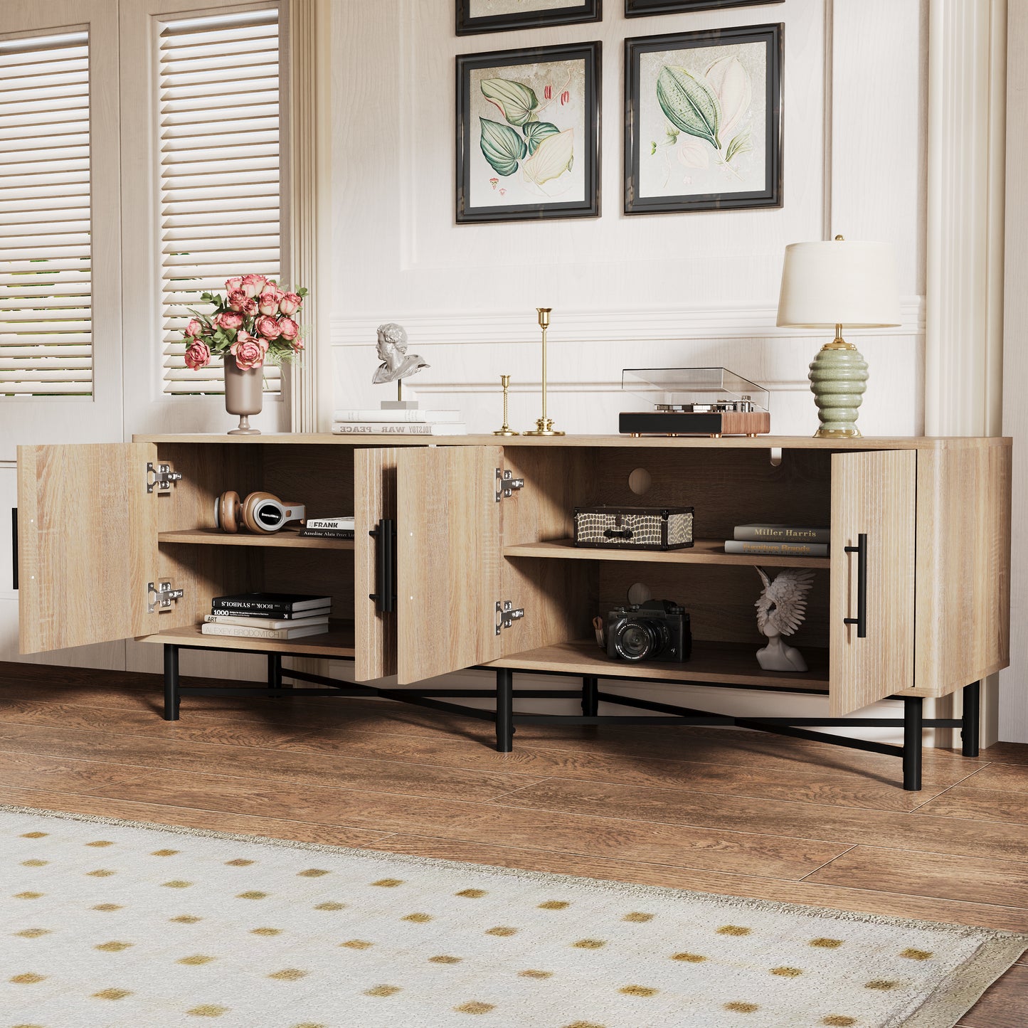 4-Door TV Cabinet with Adjustable Shelves Natural Finish