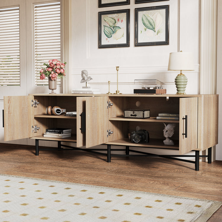 4-Door TV Cabinet with Adjustable Shelves Natural Finish