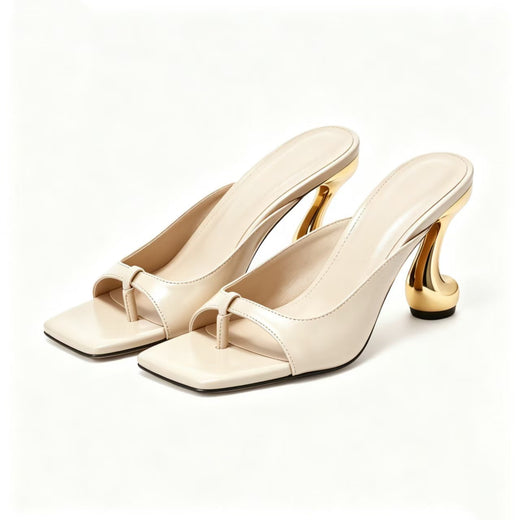 Metallic Square-Toe Open-Toe Slippers with Chunky Heel
