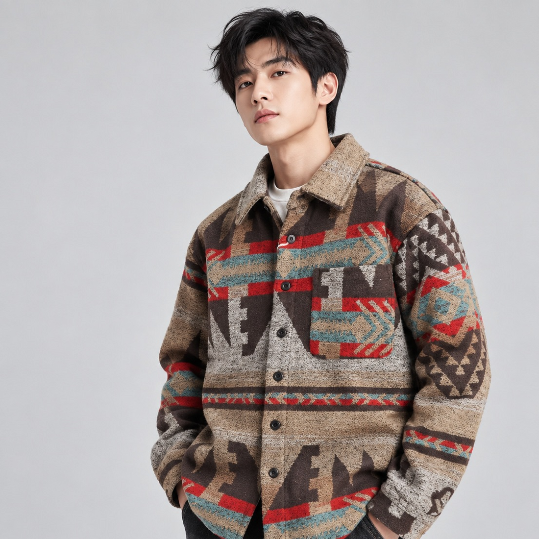 Retro Woolen Tribal Pattern Long Sleeve Shirt Heavyweight Men Autumn Winter Thick Casual Shirt