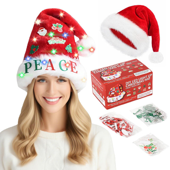 Woman wearing the DIY LED Santa hat with PEACE letters, gift box and sticker sheets