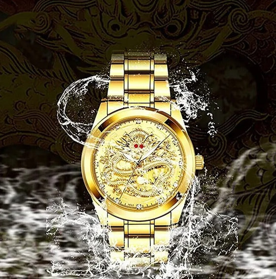 Gold-tone dragon watch with a water splash effect