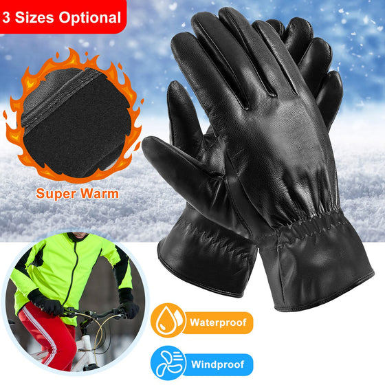 Black faux leather winter gloves with fleece lining inset and windproof icons
