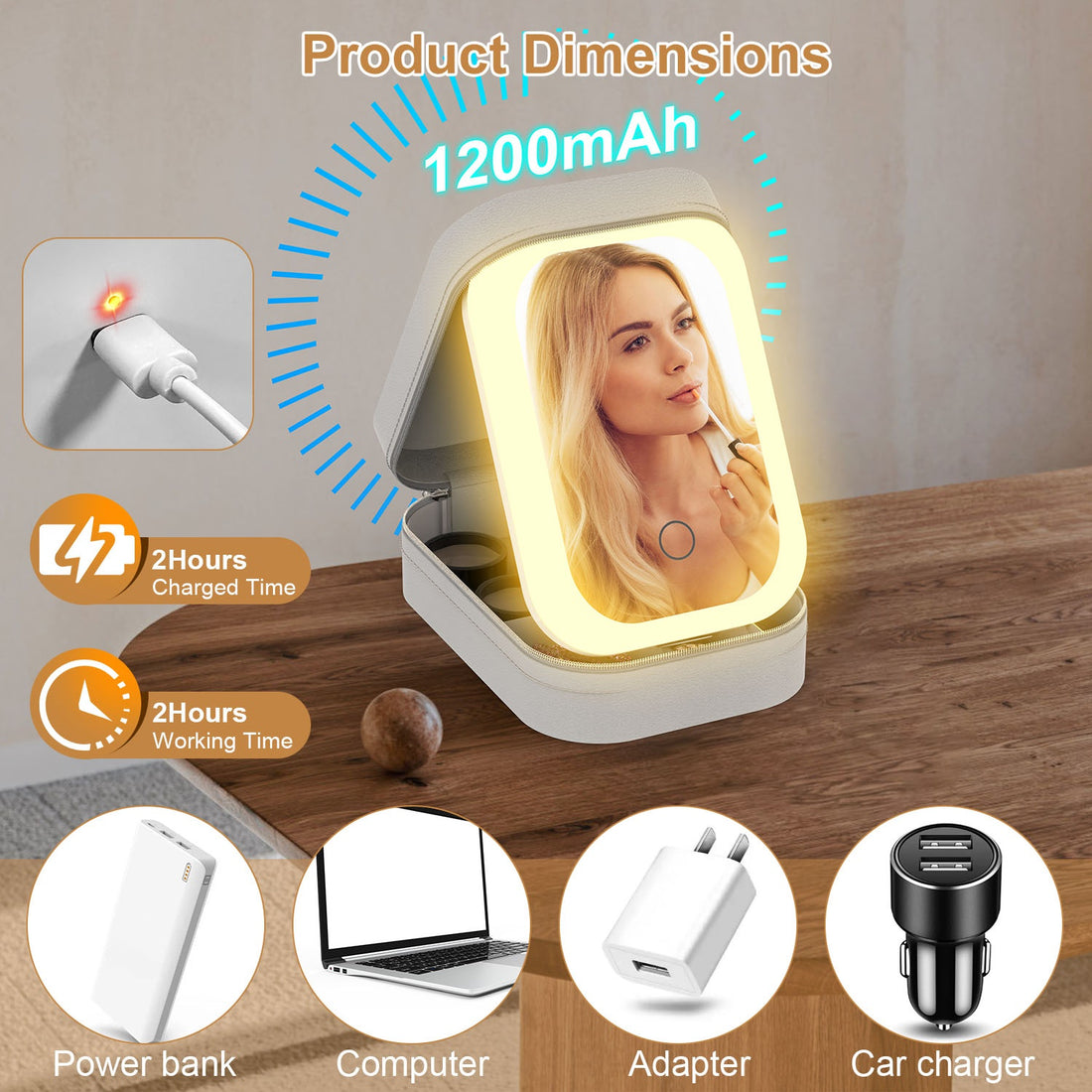 LED makeup mirror bag with 1200 mAh battery charged by power bank, laptop or car