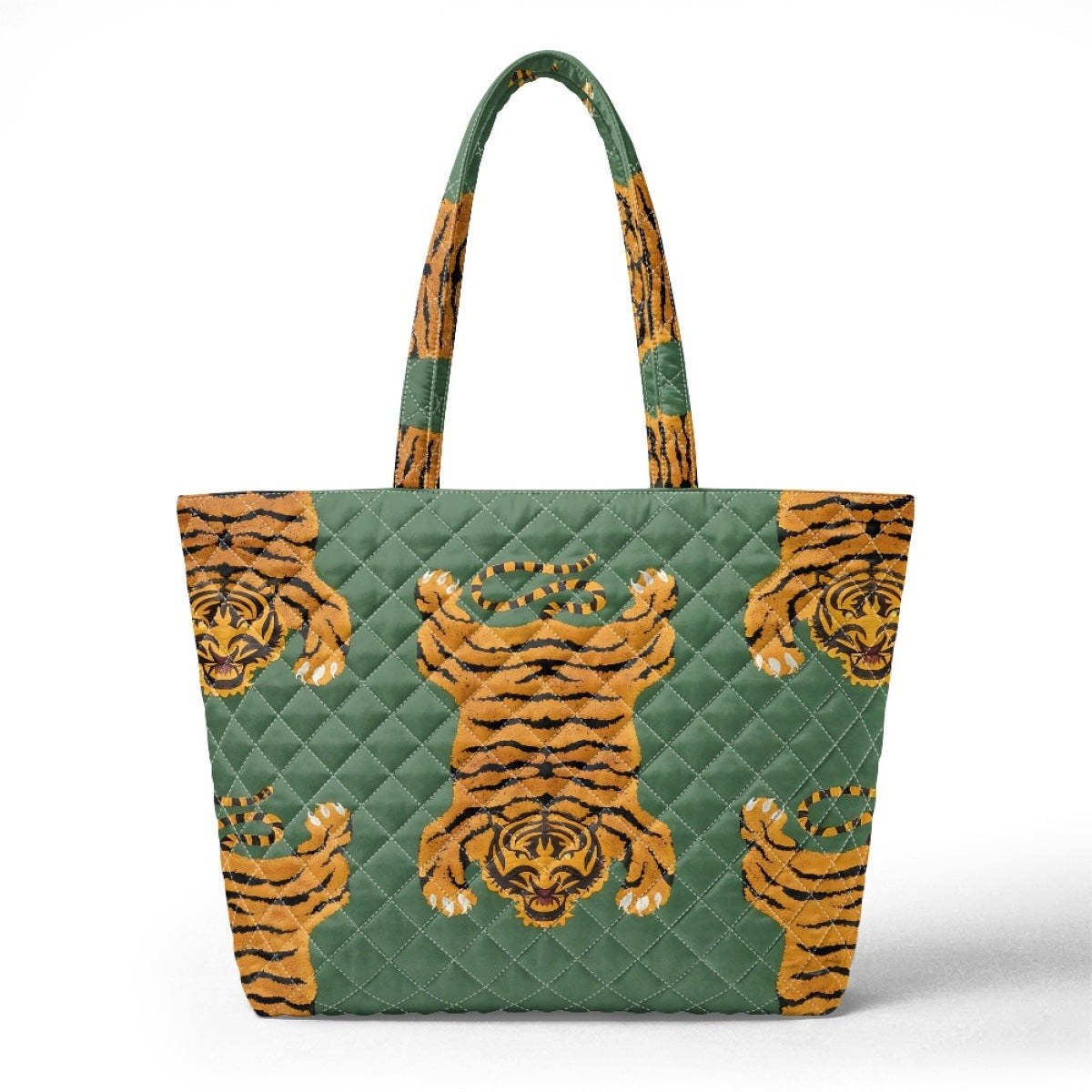 Embroidered Quilted Tiger Print Tote Bag