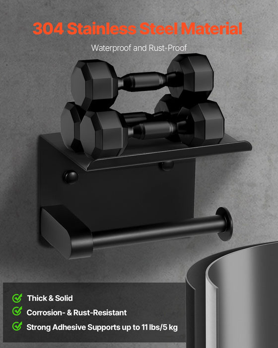 Toilet paper holder shelf supporting dumbbells to show strength