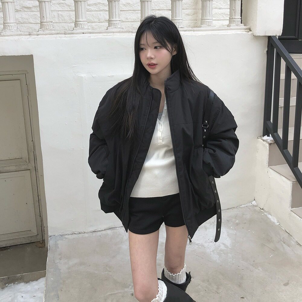 Women's Korean Style Stand-Up Collar Pilot Sleeve Pleated Cotton-Padded Jacket