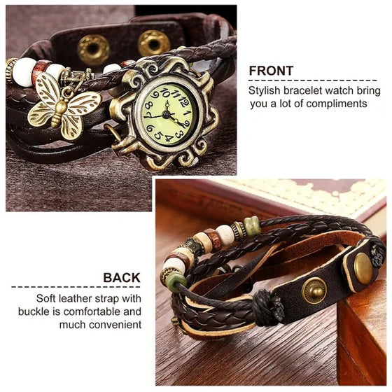 Front and back of the bohemian watch strap showing beads and snap buttons