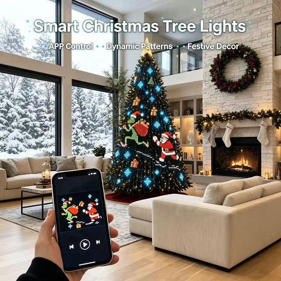 Smart RGBIC Christmas tree string lights with USB power, on a decorated tree