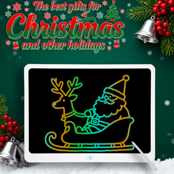LCD writing tablet with a rainbow Santa and reindeer drawing on a Christmas background