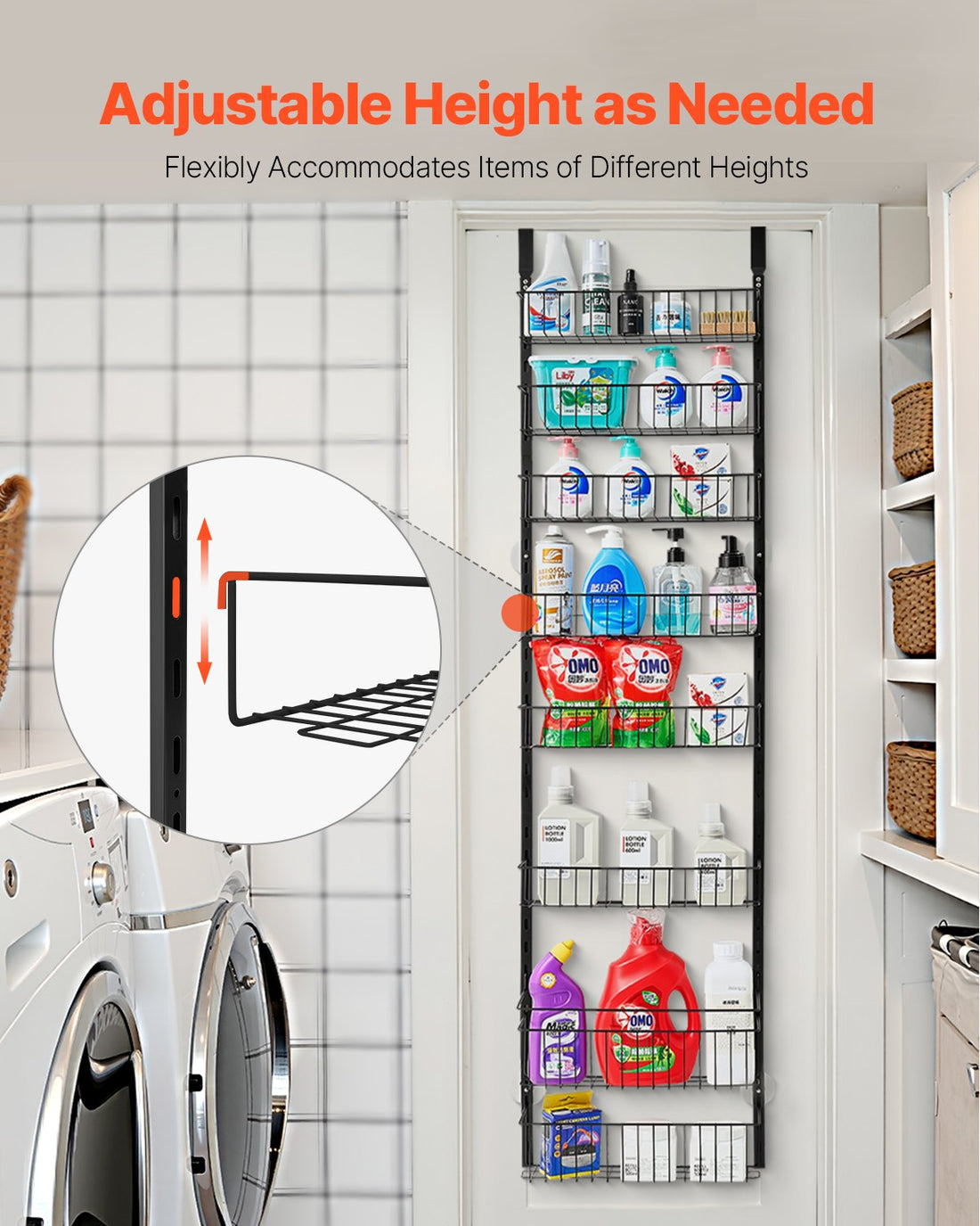 Pantry organizer with adjustable baskets beside a washer