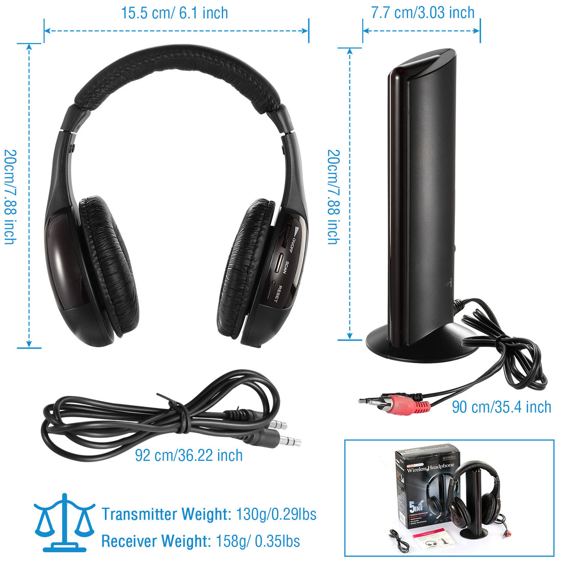 RF headphones and stand dimensions with cables and weights