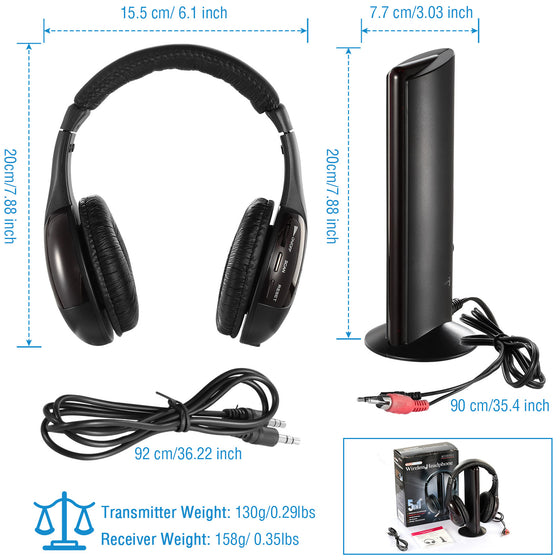 RF headphones and stand dimensions with cables and weights