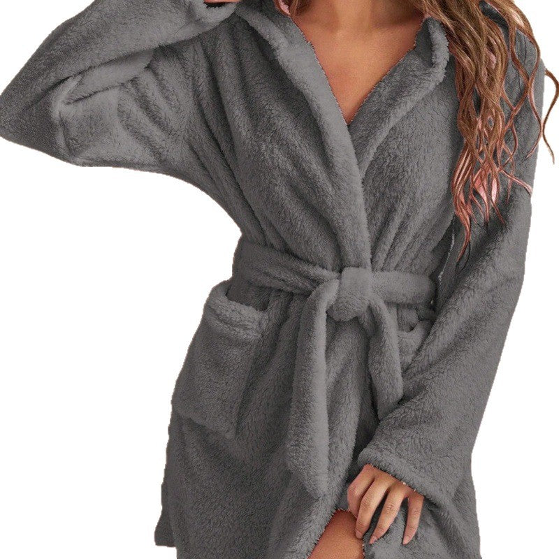 Women's Flannel Coral Fleece V-Neck Long Bathrobe