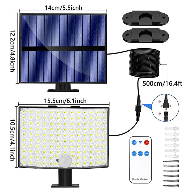Solar motion sensor light mounted on outdoor wall at dusk