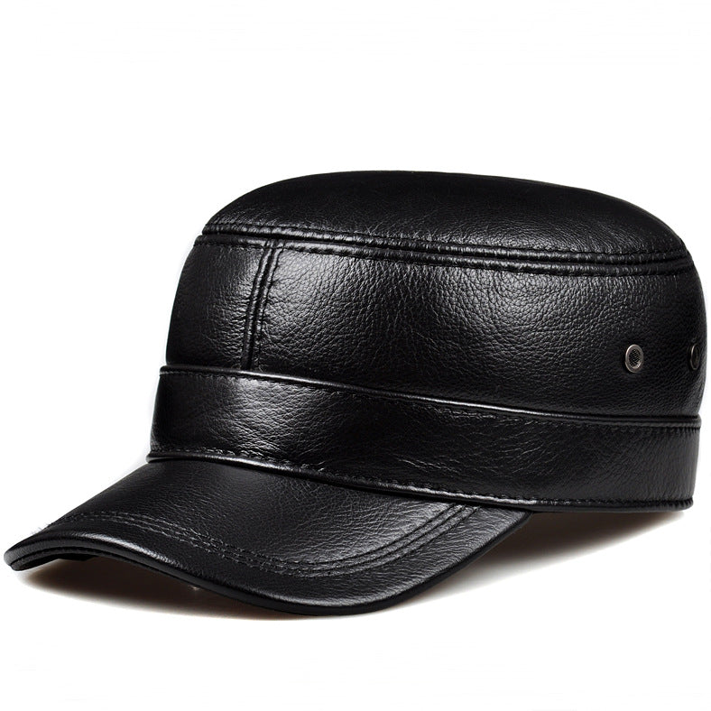 Men's Genuine Cowhide Leather Winter Warm Flat Top Ear Protection Hat