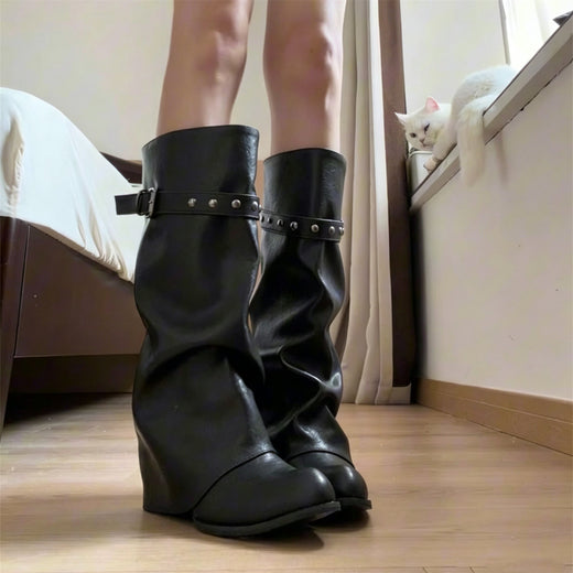 Womens Pointed Toe Black Long Boots with Chunky Heel