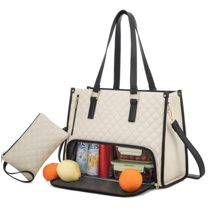 Laptop tote with cooler compartment open showing insulated lining