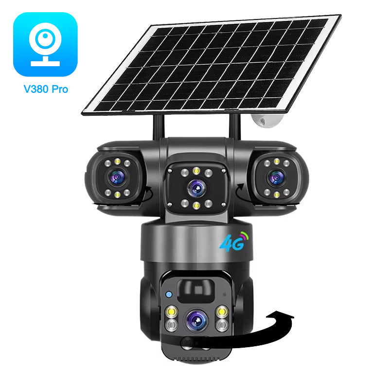 Wireless 360 Degree Outdoor Security Camera with Solar Panel 4G WiFi Multi-Lens PTZ Surveillance System