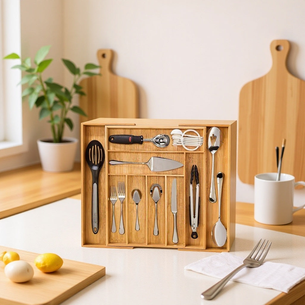 Expandable Bamboo Cutlery Drawer Organizer