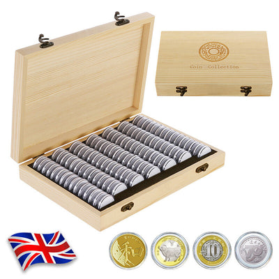 Wooden Coin Storage Box - 100 Capsule Display Case