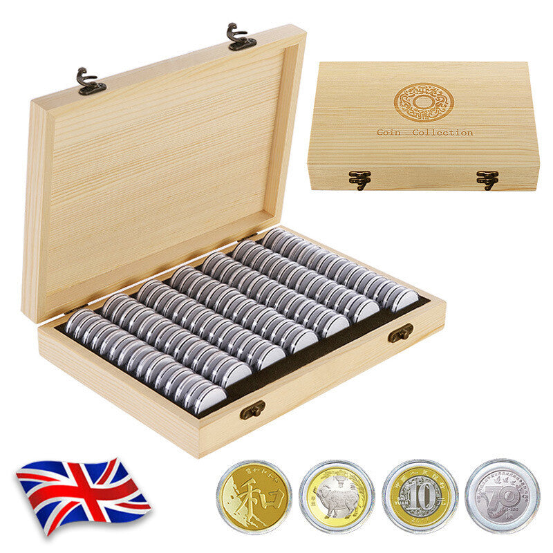Wooden Coin Storage Box - 100 Capsule Display Case - Image 1