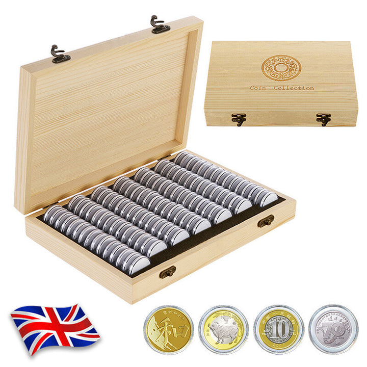 Wooden Coin Storage Box - 100 Capsule Display Case - Image 1