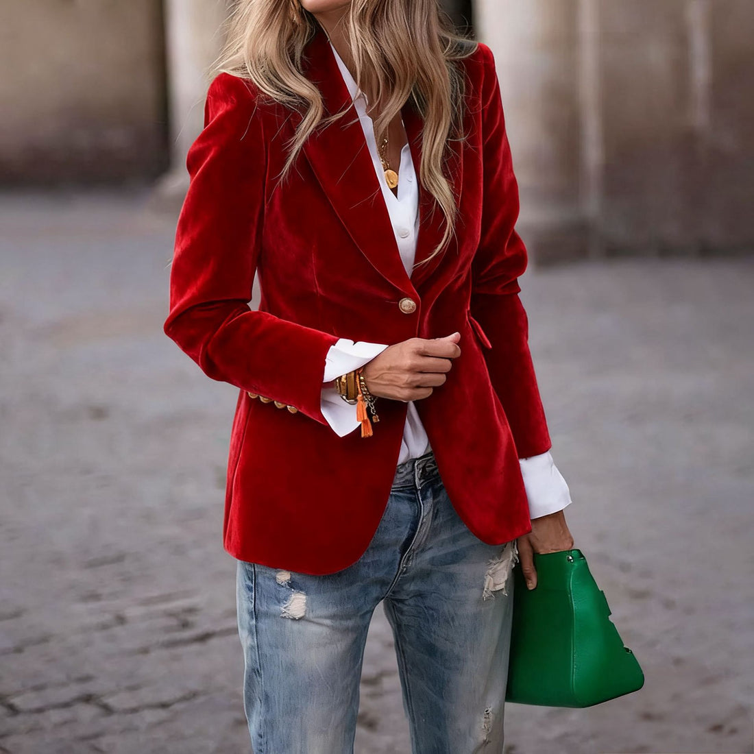 Women's Velvet Slim-Fit Double-Breasted Blazer Long Sleeve Elegant Jacket
