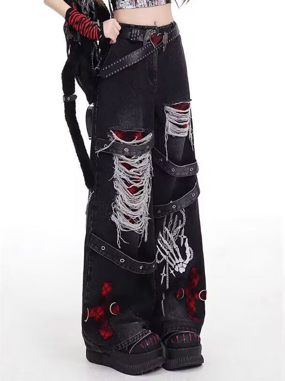 Womens Punk Style Retro Distressed Ripped Wide Leg Jeans
