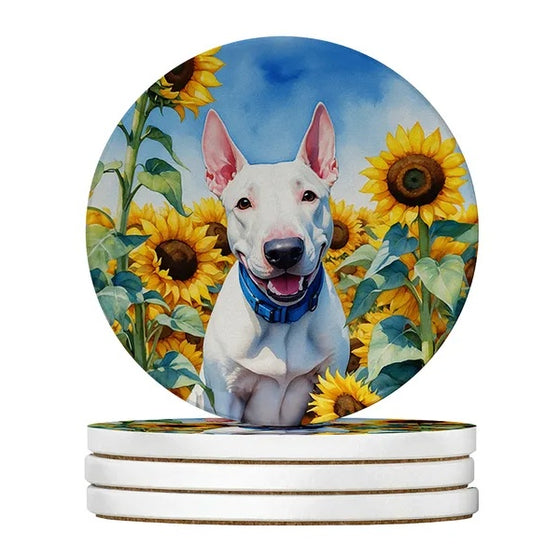 Sandstone coasters set of 4 with bull terrier and sunflower watercolor art, Style1