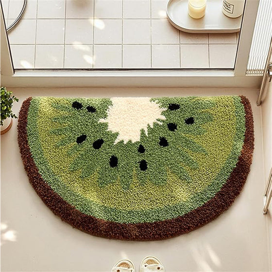 Kiwi slice bath mat on a bathroom floor