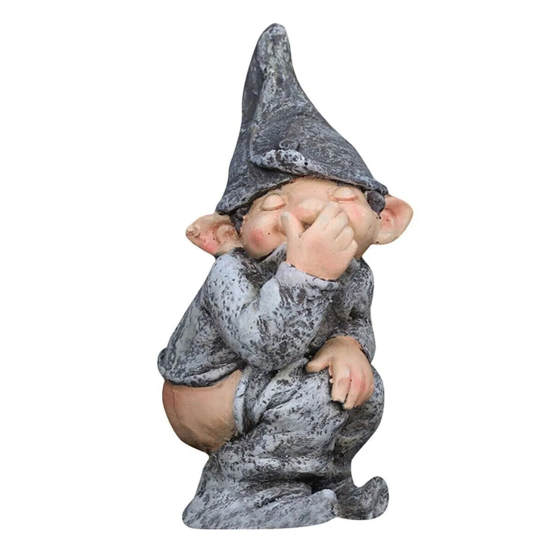 Grey-hatted pooping gnome statue covering its face, front view