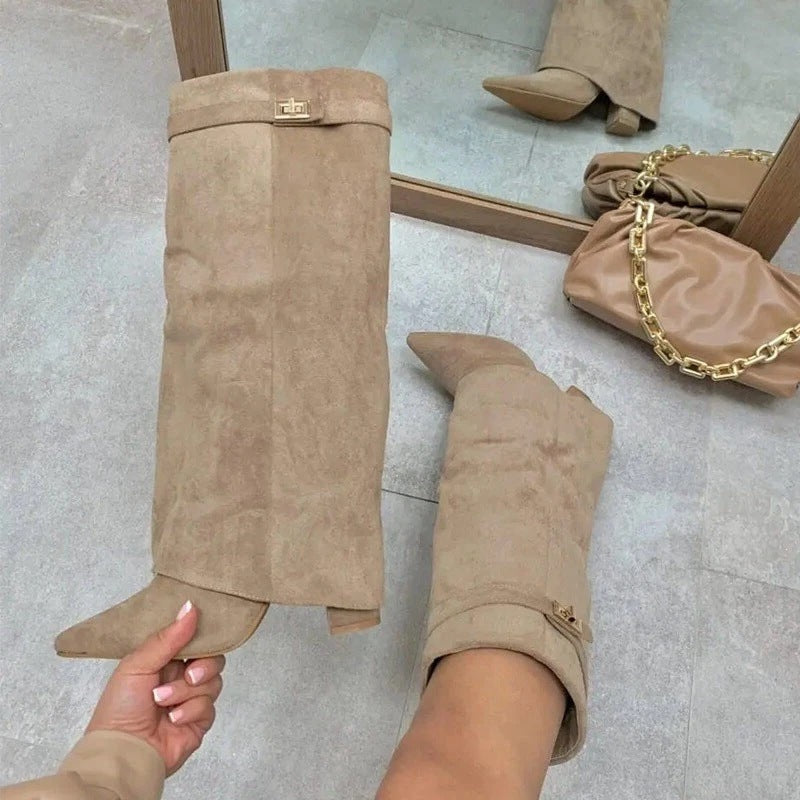 Women's Pointed Toe Chunky Heel Mid-Length Boots