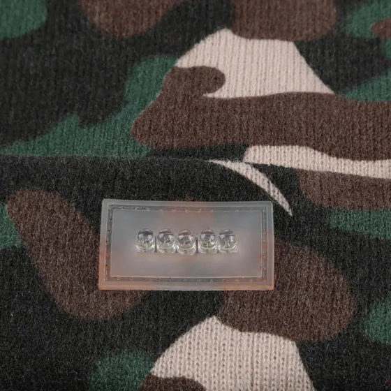 Close-up of the 5 LED light module on the camouflage beanie