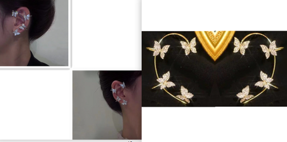 Collage of the butterfly ear cuffs worn and laid flat
