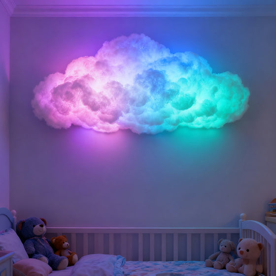 Pink and blue cloud lamp glowing on a bedroom wall