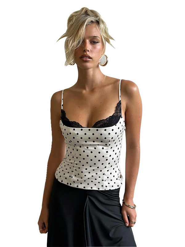 White polka dot camisole top with lace trim and thin straps, photo 5