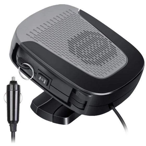 Black 12V car heater fan, front view