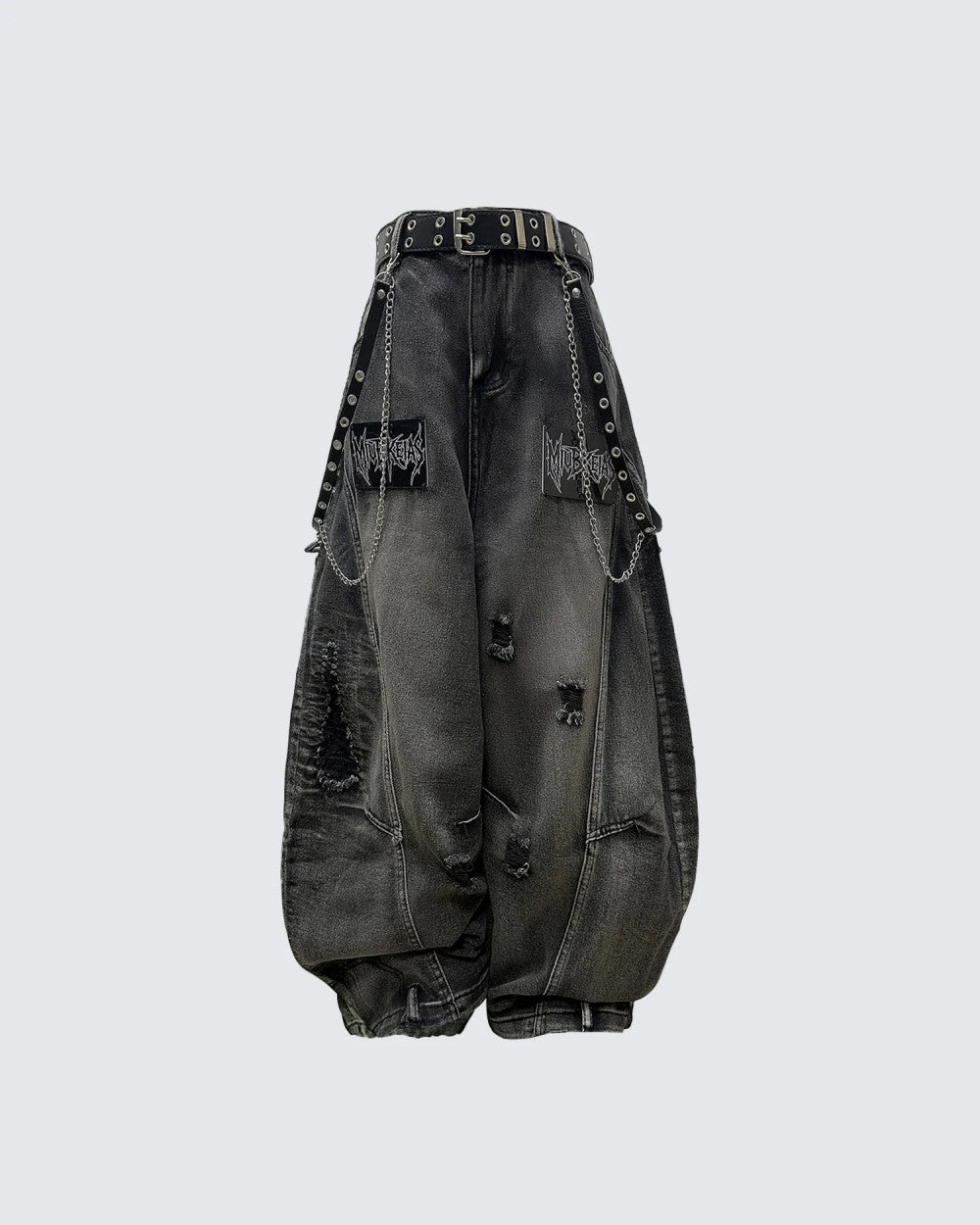Punk-Style Distressed Ripped Denim Wide-Leg Pants