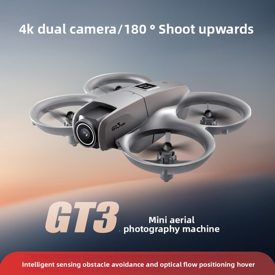 Silver mini drone with dual camera and 180 degree shoot-upwards callout