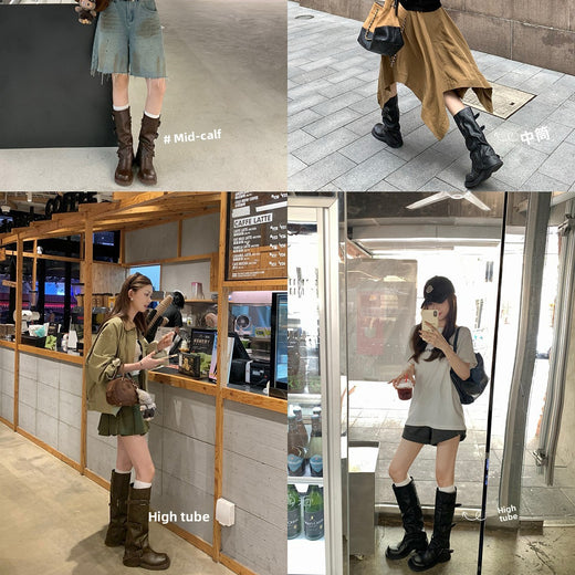 Women's Belt Buckle Square Toe Riding Boots